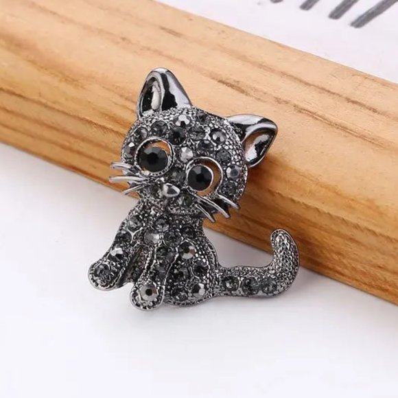 Cat Brooch Rhinestone Kitten Pin Black Silver Sparkle Scarf Hat Coat NEW GIFT - Picture 2 of 6